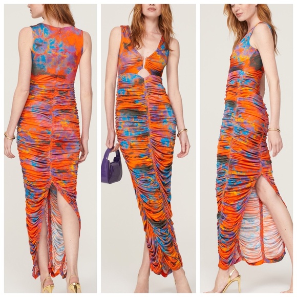 Ronny Kobo Alexander Maxi Dress Ruched Tie Dye Orange Stretch Jersey - SMALL - Picture 1 of 9